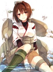 Rule 34 | 1girl, breasts, brown eyes, brown hair, highres, hyuuga (kancolle), japanese clothes, kantai collection, large breasts, looking at viewer, one-hour drawing challenge, partially submerged, pleated skirt, short hair, signature, skirt, solo, toosaka asagi