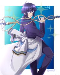 Rule 34 | 1boy, artist request, black hair, blue eyes, cao cao (high school dxd), hair between eyes, high school dxd, high school dxd hero, highres, holding, holding weapon, looking at viewer, male focus, pants, parted lips, polearm, short hair, solo, spear, standing, twitter username, weapon