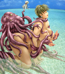 Rule 34 | 1girl, blue sky, breasts, cloud, doggystyle, earrings, closed eyes, huge breasts, jewelry, kneeling, large breasts, long nipples, monster, nude, ocean, outdoors, paper octopus, partially submerged, phaia, puffy nipples, rape, sex from behind, short hair, sky, solo, spunky knight, sweat, tentacle sex, tentacles, what, youhei kozou