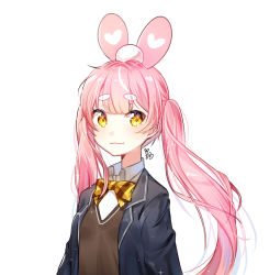 Rule 34 | 1girl, :3, animal ears, bad id, bad pixiv id, black jacket, blazer, blunt bangs, blush, bow, bowtie, brown shirt, collared shirt, fake animal ears, hair ornament, hairclip, heart, heart hair ornament, jacket, long hair, looking at viewer, moong gya, original, pink hair, rabbit ears, school uniform, shirt, short eyebrows, signature, simple background, solo, sparkle, striped bow, striped bowtie, striped clothes, striped neckwear, sweater vest, twintails, uniform, upper body, white background, yellow bow, yellow eyes