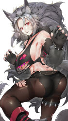 Rule 34 | 1girl, absurdres, animal ear fluff, animal ears, ass, black collar, black footwear, black gloves, black nails, black pantyhose, black shirt, black shorts, boots, breasts, cleavage, collar, cropped shirt, elbow gloves, fingerless gloves, gloves, grey hair, highres, large breasts, long hair, looking at viewer, nail polish, pantyhose, red eyes, shirt, short shorts, shorts, sleeplessrhythm, spiked hair, torn clothes, torn pantyhose, torn shirt, virtual youtuber, vshojo, white background, wolf ears, wolf girl, zentreya, zentreya (werewolf)