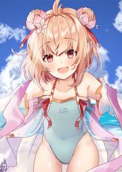 Rule 34 | 1girl, andira (granblue fantasy), animal ears, artoria pendragon (fate), bad id, bad twitter id, blonde hair, blush, casual one-piece swimsuit, double bun, erune, fate (series), granblue fantasy, hair bun, hair ornament, highleg, highleg swimsuit, looking at viewer, monkey ears, monkey girl, omuretsu, one-piece swimsuit, open mouth, sidelocks, smile, swimsuit