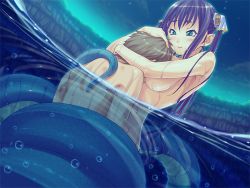 Rule 34 | 1boy, 1girl, bare shoulders, breasts, bubble, bubuzuke, earrings, faceless, faceless male, floating, from above, game cg, green eyes, hetero, jewelry, lamia, lamia hygieia, long hair, mamonomusume to no seikatsu, mamonomusume to no seikatsu ~ramia no baai~, monster girl, night, outdoors, partially submerged, partially underwater shot, pointy ears, purple hair, scales, snake bondage, tail, twintails, underwater, water