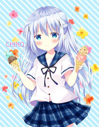 Rule 34 | 1girl, bitter crown, black ribbon, blue eyes, blue sailor collar, blue skirt, blush, character name, closed mouth, commentary request, diagonal stripes, double scoop, floral background, food, gochuumon wa usagi desu ka?, grey hair, hair between eyes, hair ornament, highres, holding, holding food, ice cream, ice cream cone, kafuu chino, long hair, looking at viewer, neck ribbon, plaid, plaid sailor collar, plaid skirt, pleated skirt, ribbon, sailor collar, shirt, short sleeves, skirt, smile, solo, striped, striped background, two side up, very long hair, white shirt, x hair ornament