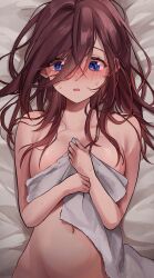 Rule 34 | 1girl, bed sheet, blue eyes, blush, breasts, brown hair, collarbone, covering privates, from above, go-toubun no hanayome, hair between eyes, highres, holding, holding towel, long hair, long hair between eyes, lying, medium breasts, memidesuyo, messy hair, nakano miku, naked towel, navel, nude, nude cover, on back, open mouth, solo, towel, upper body