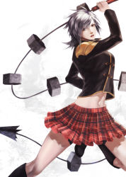 Rule 34 | 1girl, akademeia uniform, black socks, blue eyes, breasts, cape, fighting stance, final fantasy, final fantasy type-0, grey hair, holding, holding weapon, jacket, kneehighs, long hair, long sleeves, looking at viewer, medium breasts, midriff, navel, open mouth, plaid, plaid skirt, pleated skirt, school uniform, seven (fft-0), short hair, simple background, skirt, socks, solo, stomach, uniform, weapon, whip, white background
