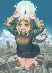 Rule 34 | 1girl, absurdres, amano pikamee, animal hood, arms up, blonde hair, blue sky, blush stickers, bright pupils, city, cloud, electricity, fake tail, floating, full body, green eyes, green hair, green hoodie, green nails, hair between eyes, highres, hood, hood up, hoodie, kyo mizusawa, looking at viewer, low twintails, medium hair, multicolored hair, nail polish, open mouth, outdoors, sharp teeth, sky, slippers, solo, streaked hair, tail, teeth, twintails, two-tone hair, virtual youtuber, voms, yellow pupils