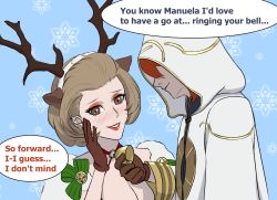 Rule 34 | 1boy, 1girl, animal ears, antlers, bell, blue background, blush, breasts, brown eyes, brown gloves, brown hair, cape, choker, christmas, cleavage, deer antlers, deer ears, english text, eyeliner, eyeshadow, fake animal ears, fake antlers, fire emblem, fire emblem: three houses, fire emblem heroes, fseffect, fur cape, gloves, highres, hood, hoodie, horns, intelligent systems, kiran (fire emblem), kiran (male) (fire emblem), large breasts, lips, lipstick, makeup, manuela casagranda, neck bell, nintendo, o-ring, red eyeshadow, red hair, red lips, robe, shiny clothes, shiny skin, short hair, snow, snowflakes, speech bubble, upper body, white robe