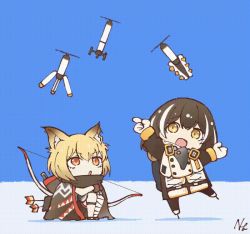 Rule 34 | 2girls, animal ears, animated, animated gif, arknights, arrow (projectile), backpack, bag, bandaged leg, bandages, bird mask, black cloak, black coat, black footwear, black gloves, black scarf, blonde hair, bow (weapon), brown hair, chibi, cloak, coat, crossed arms, day, drone, fox ears, full body, gas mask, gloves, ice, index finger raised, looking up, magallan (arknights), mask, mask around neck, multicolored hair, multiple girls, notched ear, open mouth, orange eyes, outdoors, pointing, quiver, red pupils, scarf, short hair, signature, sitting, skates, smile, standing, standing on one leg, thigh strap, two-tone hair, vermeil (arknights), watanabe yuuki, weapon, white hair, yellow eyes