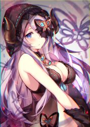 Rule 34 | 1girl, bare shoulders, blue eyes, breasts, cleavage, commentary request, gloves, granblue fantasy, hair ornament, hair over one eye, hair ribbon, homaderi, hood, horns, large breasts, light purple hair, lingerie, long hair, narmaya (granblue fantasy), narmaya (the black butterfly) (granblue fantasy), navel, ribbon, see-through, solo, underwear