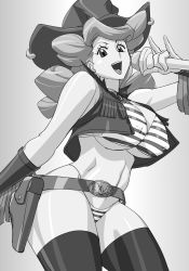 Rule 34 | 1girl, alternate breast size, bare shoulders, big hair, bikini, breasts, cowboy hat, curvy, female focus, hat, highleg, highleg bikini, highres, hinokawa jun, holding, holding microphone, holster, large breasts, legs, long hair, looking at viewer, melissa claire, microphone, monochrome, navel, open mouth, shiny skin, simple background, smile, solo, striped bikini, striped clothes, sweat, swimsuit, thighhighs, thong bikini, vest, wide hips, yu-gi-oh!, yu-gi-oh! arc-v