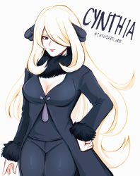 Rule 34 | 1girl, black coat, black pants, black shirt, breasts, ch3wry, character name, cleavage, closed mouth, coat, creatures (company), cynthia (pokemon), expressionless, eyelashes, fur collar, fur trim, game freak, hair ornament, hair over one eye, hand on own hip, hashtag, highres, long hair, long sleeves, looking at viewer, medium breasts, nintendo, pants, platinum blonde hair, pokemon, pokemon dppt, shirt, simple background, solo, white background