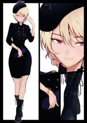 Rule 34 | 10s, 1girl, bag, beret, black dress, black footwear, black hat, blonde hair, blue eyes, boots, bracelet, braid, casual, closed mouth, commentary request, cross-laced footwear, darjeeling (girls und panzer), dress, epaulettes, formal, girls und panzer, handbag, hat, holding, jewelry, lace-up boots, light smile, long sleeves, looking at viewer, medium dress, mityubi, multiple views, short hair, standing, twin braids