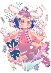 Rule 34 | 1girl, :3, ahoge, animal ears, asymmetrical footwear, black footwear, black hair, blush, bow, bowtie, brown hair, capelet, card, carrot necklace, closed mouth, commentary request, culotte (hosenrock), dress, eight of hearts, floppy ears, footwear bow, four of spades, frilled capelet, frills, full body, hair between eyes, highres, inaba tewi, jewelry, jumping, king (playing card), king of diamonds, king of hearts (playing card), looking at viewer, medium bangs, mismatched footwear, necklace, nine of hearts, nine of spades, outline, pantyhose, pink capelet, pink dress, pink eyes, playing card, rabbit, rabbit ears, rabbit girl, red bow, red bowtie, red footwear, ribbon-trimmed dress, short hair, six of clubs, six of diamonds, smile, solo, striped bow, striped bowtie, striped clothes, ten of clubs, touhou, two of spades, white background, white pantyhose