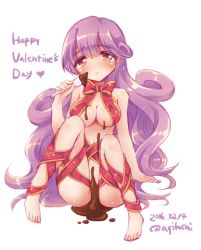 Rule 34 | 1girl, blush, breasts, chocolate, cleavage, commentary request, convenient censoring, curly hair, dragon quest, dragon quest ii, kichijou agata, long hair, looking at viewer, naked ribbon, no panties, princess, princess of moonbrook, purple hair, ribbon, sexually suggestive, solo, valentine
