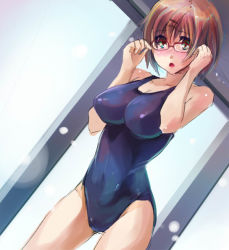 Rule 34 | 1girl, adjusting eyewear, bad id, bad pixiv id, blue eyes, blush, breasts, brown hair, competition swimsuit, dutch angle, female focus, glasses, hair ornament, hairclip, hatsukoi limited, large breasts, one-piece swimsuit, open mouth, shimaji, short hair, solo, swimsuit, watase meguru