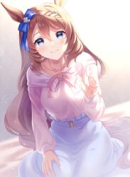 Rule 34 | 1girl, animal ears, blue bow, blue skirt, bow, breasts, brown hair, ear bow, hair between eyes, horse ears, horse girl, large breasts, long hair, long sleeves, looking at viewer, pink sweater, seiza, shizuki aya, sitting, skirt, smile, solo, super creek (umamusume), sweater, umamusume, very long hair