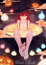 Rule 34 | 1girl, :3, absurdres, barefoot, bathing, black hat, cauldron, chinese commentary, collarbone, commentary request, completely nude, foot focus, foreshortening, ghost, hair over breasts, hat, highres, in cauldron, jack-o&#039;-lantern, jiliang jiying yumao, long hair, looking at viewer, nude, original, pumpkin, red hair, smile, soles, solo, witch hat