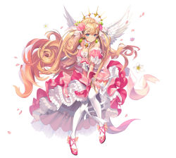 Rule 34 | 1girl, 2v (joyeong), absurdres, aurora (destiny child), blonde hair, blue eyes, character request, closed mouth, destiny child, dress, dress tug, earrings, feathered wings, flower, full body, hair flower, hair ornament, highres, jewelry, long hair, looking at viewer, official art, pink footwear, shoes, simple background, solo, thighhighs, white background, white thighhighs, white wings, wings