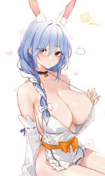 Rule 34 | 1girl, animal ear fluff, animal ears, apron, blue hair, braid, braided ponytail, breasts, cleavage, closed mouth, commentary request, detached sleeves, hair over shoulder, halterneck, highres, hololive, large breasts, long hair, looking at viewer, luminous, mature female, multicolored hair, naked apron, pekomama, rabbit ears, rabbit girl, red eyes, short eyebrows, solo, thick eyebrows, virtual youtuber, white apron, white hair, white sleeves