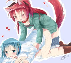 Rule 34 | 10s, 1futa, 1girl, all fours, animal collar, animal ears, artist name, bad id, bad pixiv id, blue eyes, blue hair, blush, boots, bottomless, clothed sex, clothes pull, collar, dildo, dog ears, dog tail, doggystyle, fang, from behind, futa with female, futanari, gleision adain, grey background, hair ornament, hairclip, heart, humping, implied futanari, kneeling, mahou shoujo madoka magica, mahou shoujo madoka magica (anime), miki sayaka, open clothes, open mouth, open shirt, pants, pants pull, pussy juice, red eyes, red hair, sakura kyoko, saliva, sex, sex from behind, sex toy, shirt, short hair, short shorts, shorts, shorts pull, strap-on, sweat, tail, tears, yuri