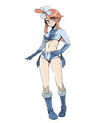 Rule 34 | 1girl, blue eyes, blush, boots, breasts, creatures (company), female focus, full body, game freak, gym leader, hand on own hip, hip focus, navel, nintendo, pokemon, simple background, skyla (pokemon), solo, standing, white background
