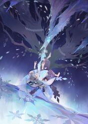 Rule 34 | 1girl, anklet, barefoot, blue hair, blue kimono, blue theme, chinese commentary, falling, fantasy, japanese clothes, jewelry, kimono, looking at viewer, looking back, nayannayan, onmyoji, red eyes, shide, sky, snowflakes, solo, tassel, toes, wide sleeves, yuki douji (onmyoji)