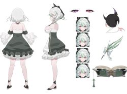 Rule 34 | 1girl, alias anono, black dress, black footwear, book, bow, breasts, crescent, dress, expressions, green hair, grey hair, heterochromia, highres, jewelry, large breasts, multicolored clothes, multicolored dress, multicolored hair, multiple views, necklace, official art, open book, pearl necklace, pink eyes, purple eyes, quill, second-party source, short hair, shoulder blades, smile, two-tone hair, v4mirai, white bow, white dress, zutsuyaku