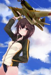 Rule 34 | 1girl, aircraft, airplane, arm up, black hair, blue sky, cloud, commentary request, competition swimsuit, cowboy shot, day, e16a zuiun, green jacket, grey eyes, hand in pocket, hayasui (kancolle), jacket, kantai collection, multicolored clothes, multicolored jacket, one-piece swimsuit, short hair, sky, solo, swimsuit, swimsuit under clothes, track jacket, yumesato makura