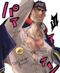 Rule 34 | 1boy, arm up, beard, blush, bursting pectorals, chest hair, facial hair, foreshortening, golden kamuy, highres, looking at viewer, male focus, mature male, menacing (jojo), pectoral cleavage, pectorals, short hair, sideburns, solo, sound effects, sweatdrop, tanigaki genjirou, thick eyebrows, translation request, upper body, yumi (soak1111)