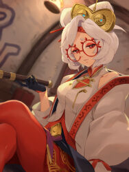 Rule 34 | 1girl, asutora, black gloves, commentary request, crossed legs, eyeshadow, glasses, gloves, hair ornament, hair stick, highres, holding, looking at viewer, makeup, nintendo, open mouth, pants, purah, red-framed eyewear, red eyes, red pants, round eyewear, shirt, short hair, sitting, solo, the legend of zelda, the legend of zelda: tears of the kingdom, white hair, white shirt