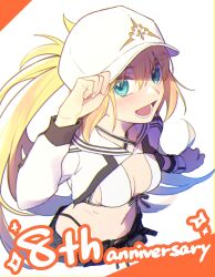 Rule 34 | 1girl, anniversary, artoria caster (fate), artoria caster (swimsuit) (fate), artoria caster (swimsuit) (first ascension) (fate), artoria pendragon (fate), baseball cap, bikini, blonde hair, blush, breasts, fate/grand order, fate (series), green eyes, hat, highres, long hair, looking at viewer, open mouth, ponytail, shayubi, shrug (clothing), small breasts, smile, solo, swimsuit, upper body, white bikini