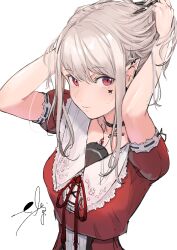 Rule 34 | 1girl, absurdres, adjusting hair, arms up, blush, claw ring, closed mouth, collar, commentary, dress, earclip, elu (8th costume) (nijisanji), elu (nijisanji), facial mark, frilled shirt collar, frills, hair between eyes, head tilt, highres, jewelry, lips, long hair, looking at viewer, mole, mole under eye, neck ribbon, necklace, nijisanji, ogura tubuan, parted bangs, pointy ears, puffy short sleeves, puffy sleeves, red dress, red eyes, red ribbon, ribbon, ribbon-trimmed sleeves, ribbon trim, sailor collar, shirt, short sleeves, sidelocks, signature, simple background, solo, upper body, virtual youtuber, white background