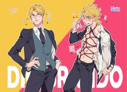 Rule 34 | 1boy, abs, bare pectorals, bdsm, belt, black belt, black jacket, black pants, blonde hair, blue necktie, blue vest, blush, bondage, bound, buttons, character name, closed mouth, commentary, dio brando, english commentary, glasses, hand in pocket, hand on own hip, heart, highres, honlo, jacket, jojo no kimyou na bouken, long sleeves, looking at viewer, looking to the side, male focus, multiple views, navel, necktie, nipples, open clothes, open jacket, orange eyes, pants, pectorals, phantom blood, pink background, red rope, rope, shibari, shirt, short hair, sparkle, standing, teeth, translation request, vest, yellow background