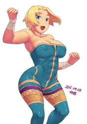 Rule 34 | 1girl, bare shoulders, blonde hair, blue eyes, breasts, final fantasy, final fantasy tactics, large breasts, looking at viewer, monk (fft), open mouth, short hair, simple background, smile, solo, square enix, tsukudani (coke-buta), unitard, white background