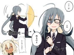 Rule 34 | 2girls, adjusting clothes, ahoge, atsushi (aaa-bbb), black-framed eyewear, blonde hair, dark skin, dark-skinned female, double-breasted, female focus, formal, glasses, grey eyes, grey hair, hair between eyes, jewelry, kantai collection, kingsman: the secret service, kiyoshimo (kancolle), kneeling, long hair, low twintails, multiple girls, musashi (kancolle), necktie, one eye closed, on one knee, open mouth, parody, red eyes, ring, short hair, smile, suit, translation request, twintails, umbrella, very long hair, watch, white background, white hair, wink, wristwatch