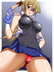 Rule 34 | 1girl, bare shoulders, black shirt, blonde hair, blue gloves, blue skirt, blush, breasts, brown eyes, covered navel, cowboy shot, fingerless gloves, from below, gloves, gluteal fold, hajime shindo, hand on own hip, impossible clothes, large breasts, long hair, looking at viewer, miniskirt, open clothes, open vest, panties, parted lips, partially visible vulva, red panties, shirt, skirt, sleeveless, sleeveless shirt, sleeveless turtleneck, smile, solo, tenjouin asuka, turtleneck, undershirt, underwear, vest, white vest, yu-gi-oh!, yu-gi-oh! arc-v