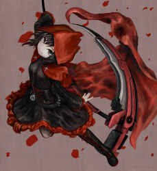 Rule 34 | 1girl, absurdres, black dress, black hair, boots, brown background, cape, crescent rose, cross-laced footwear, dress, falling petals, frilled dress, frills, grey eyes, highres, holding, holding scythe, holding weapon, hood, hooded cape, knee boots, lace-up boots, petals, red cape, rose petals, ruby rose, rwby, scythe, short hair, solo, weapon