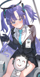 Rule 34 | 1boy, 1girl, 3:, absurdres, aqua necktie, black gloves, black jacket, black skirt, blazer, blue archive, blue eyes, blue necktie, blush, breasts, closed mouth, collared shirt, doodle sensei (blue archive), drone, embarrassed, formal, gloves, halo, highres, id card, jacket, lap pillow, long hair, long sleeves, mechanical halo, medium breasts, miniskirt, necktie, pleated skirt, purple hair, red pupils, school uniform, sensei (blue archive), shirt, skirt, solo focus, suit, sysen, two side up, white shirt, yuuka (blue archive)