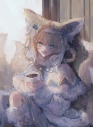Rule 34 | 1girl, :d, animal ears, arknights, bad id, bad twitter id, bell, blonde hair, blue ribbon, boots, braid, braided hair rings, capelet, coat, commentary request, cup, fang, fox ears, fox girl, fox tail, frilled skirt, frills, fur-trimmed boots, fur-trimmed capelet, fur-trimmed sleeves, fur trim, green eyes, hair between eyes, hair rings, hairband, highres, holding, holding cup, kitsune, kneehighs, long sleeves, mug, multicolored hair, neck ribbon, open mouth, ribbon, rlffuq025, sitting, skirt, smile, socks, solo, suzuran (arknights), tail, twin braids, two-tone hair, white capelet, white coat, white hair, white hairband
