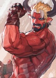 Rule 34 | 1boy, another eidos-r, bara, beard, black hair, blonde hair, colored skin, demon boy, demon horns, earrings, facial hair, fighting stance, fingerless gloves, gloves, highres, horns, jewelry, looking at viewer, male focus, manly, mature male, multicolored hair, muscular, muscular male, nude, pointy ears, red pupils, red skin, satan (another eidos), smirk, solo, spiked gloves, spiked hair, teeth, thick arms, thick eyebrows, upper body, veins, veiny arms, wasp (anthyutena)