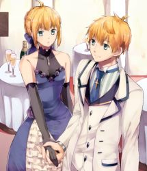 Rule 34 | 1boy, 1girl, ahoge, arthur pendragon (fate), arthur pendragon (white rose) (fate), artoria pendragon (all), artoria pendragon (fate), blonde hair, blue bow, blue dress, blue neckwear, bow, braid, braided bun, breasts, cleavage, collarbone, couple, dress, elbow gloves, fate (series), formal, gloves, green eyes, grey gloves, hair between eyes, hair bow, hair bun, holding hands, indoors, jacket, medium breasts, necktie, official alternate costume, parted lips, saber (fate), saber (lapis lazuli dress) (fate), see-through, see-through cleavage, short hair, sidelocks, sleeveless, sleeveless dress, smile, striped, vertical stripes, white jacket, woumu