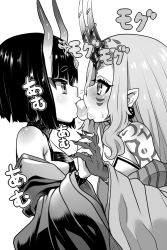 Rule 34 | 2girls, bad id, bad pixiv id, bare shoulders, blush, breasts, earrings, eye contact, fate/grand order, fate (series), fingernails, from side, greyscale, hair ornament, holding hands, horns, ibaraki douji (fate), interlocked fingers, japanese clothes, jewelry, kimono, long fingernails, long sleeves, looking at another, monochrome, multiple girls, pointy ears, profile, saliva, sharp fingernails, short hair, shuten douji (fate), simple background, skin-covered horns, small breasts, upper body, white background, wide sleeves, yukinojou yakan, yuri