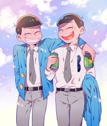 Rule 34 | 10s, 2boys, absurdres, arm around shoulder, bad id, bad twitter id, beer can, blue sky, brothers, brown hair, can, cherry blossoms, closed eyes, cloud, drink can, grey necktie, heart, heart in mouth, highres, jacket, looking at another, male focus, matsuno karamatsu, matsuno osomatsu, multiple boys, necktie, o2 (o2mm), osomatsu-kun, osomatsu-san, osomatsu (series), siblings, sky, smile, sunglasses, unworn jacket, walking