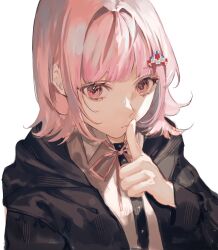 Rule 34 | 1girl, breasts, brown hair, collared shirt, danganronpa (series), danganronpa 2: goodbye despair, flipped hair, galaga, hair ornament, highres, hood, index finger raised, jacket, long sleeves, looking at viewer, medium hair, nanami chiaki, neck ribbon, open clothes, open jacket, pink eyes, pink ribbon, ribbon, shirt, solo, spaceship hair ornament, two-tone shirt, wa~a, white shirt