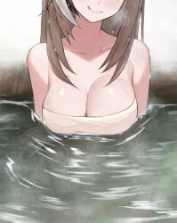 Rule 34 | 1girl, areola slip, black hair, breast lift, breasts, brown hair, collarbone, hair down, head out of frame, highres, hololive, hololive english, large breasts, licking lips, long hair, multicolored hair, naked towel, nanashi mumei, onsen, partially submerged, sitting, smile, solo, streaked hair, tongue, tongue out, towel, unmeidesu, virtual youtuber, wet, wet hair, white hair