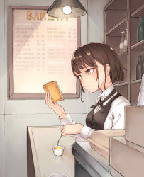 Rule 34 | 1girl, bad id, bad pixiv id, book, bottle, brown eyes, brown hair, closed mouth, collared shirt, english text, holding, holding book, holding spoon, indoors, long sleeves, open book, original, reading, ryuinu, shirt, shop, short hair, solo, spoon, tea, vest, white shirt