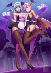 Rule 34 | 2girls, :d, alternate costume, animated, animated gif, apron, artist name, ass, asymmetrical docking, bare arms, bare shoulders, bat wings, black bow, black footwear, black neckwear, black wings, blunt bangs, bow, bowtie, breast press, breasts, chair, closed mouth, collarbone, crossed legs, cup, demon girl, detached collar, dress, enmaided, fishnet legwear, fishnets, flower pot, from behind, full body, garter straps, green eyes, green hair, groin, hand on another&#039;s ass, hands up, head wings, high heels, holding, holding tray, indoors, kissada, leg up, legs, lilith aensland, looking at viewer, looking back, low wings, lowleg, lowleg panties, maid, maid headdress, medium breasts, microdress, morrigan aensland, mosatsu, multiple girls, navel, nipples, nude, open mouth, panties, paper, pink eyes, pink hair, pink panties, plant, pussy, red wings, ribs, shoes, short hair, side-tie panties, small breasts, smile, standing, standing on one leg, stomach, strapless, strapless dress, string panties, table, tearing, teeth, thighhighs, thighs, third-party edit, tray, uncensored, underwear, vampire (game), watson cross, wings