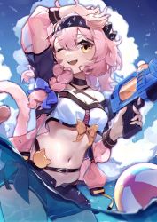 Rule 34 | 1girl, ;d, ahoge, arknights, arm up, asc11, ball, bare shoulders, beachball, black choker, black shorts, bow, braid, breasts, cat tail, choker, cleavage, criss-cross halter, crop top, crop top overhang, day, finger on trigger, goldenglow (arknights), hairband, halterneck, holding, jacket, long sleeves, looking at viewer, medium breasts, medium hair, midriff, navel, off shoulder, one eye closed, open clothes, open fly, open jacket, open mouth, outdoors, pink hair, see-through, see-through sleeves, shirt, short shorts, shorts, single braid, sleeveless, sleeveless shirt, smile, solo, standing, stomach, tail, tail raised, wading, water, water gun, white shirt, yellow bow, yellow eyes