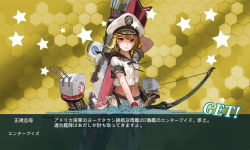Rule 34 | 10s, 1girl, arrow (projectile), blonde hair, bow (weapon), character name, cowboy shot, enterprise (pacific), fake screenshot, hat, holding, holding bow (weapon), holding weapon, jeanex, kantai collection, looking at viewer, midriff, navel, original, pacific (kancolle), personification, quiver, red eyes, sailor collar, short hair, solo, star (symbol), translation request, united states, united states navy, uss enterprise (cv-6), weapon